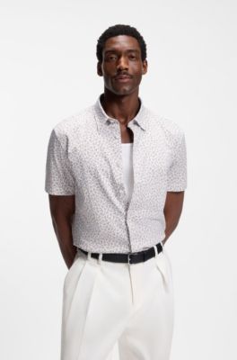 Printed slim-fit shirt in cotton-blend jersey, Light Beige