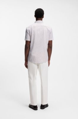 Printed slim-fit shirt in cotton-blend jersey, Light Beige