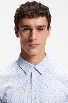 Printed slim-fit shirt in cotton-blend jersey, Light Blue