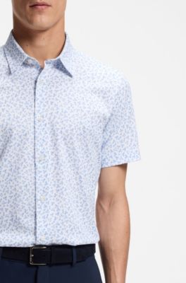 Printed slim-fit shirt in cotton-blend jersey, Light Blue