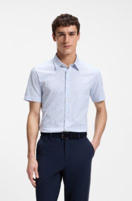 Camisa slim fit en punto de algod&oacute;n estampado, Celeste