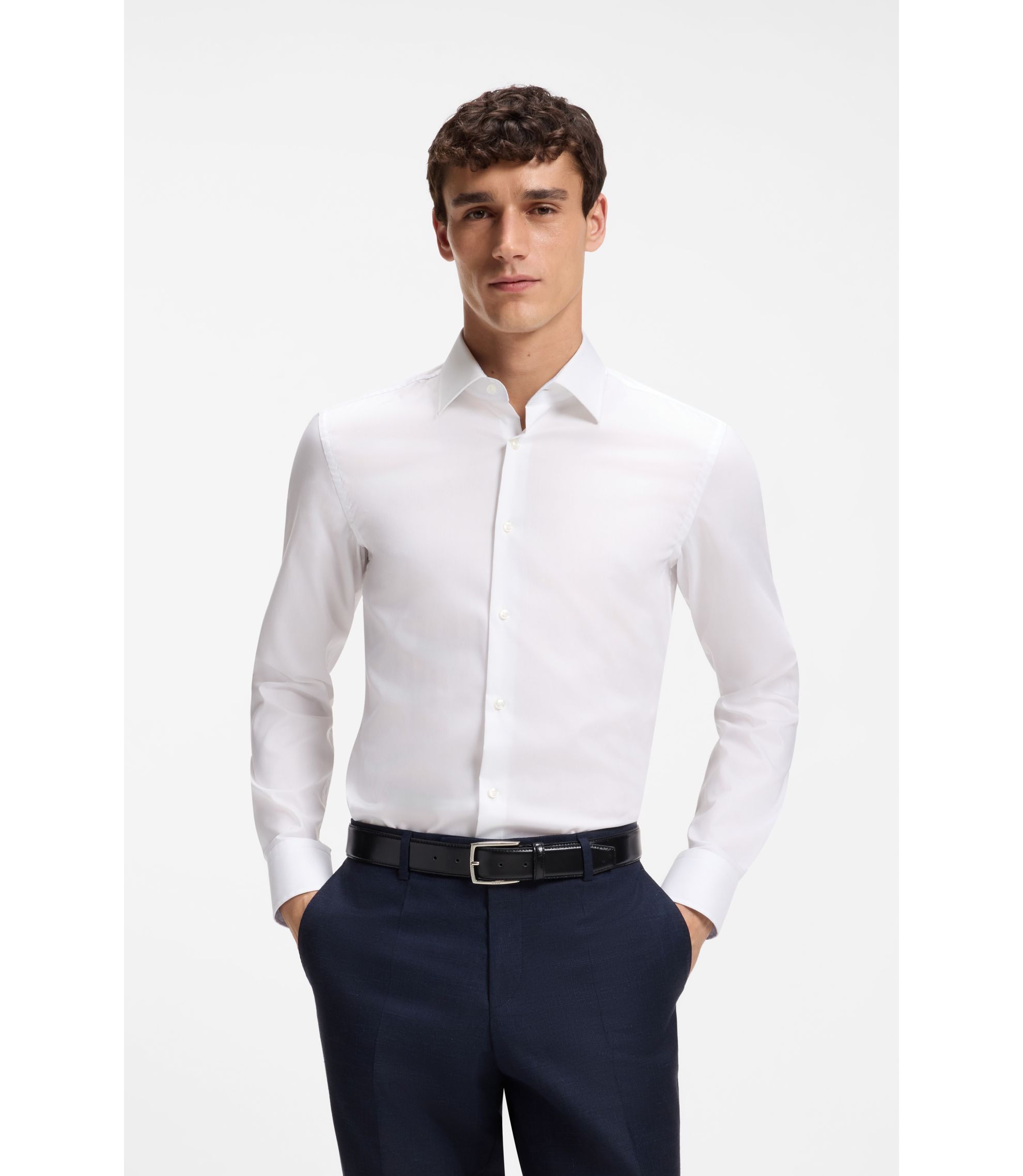 BOSS - Easy-iron slim-fit shirt in cotton poplin - White