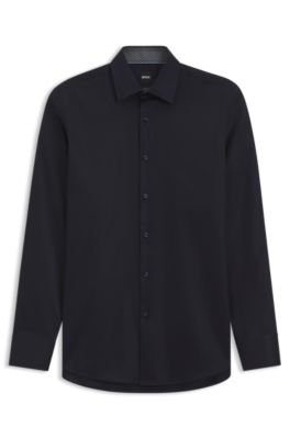 Easy-iron slim-fit shirt in cotton poplin, Dark Blue