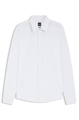Camisa slim fit en tejido de sirsaca el&aacute;stica t&eacute;cnica italiana, Blanco