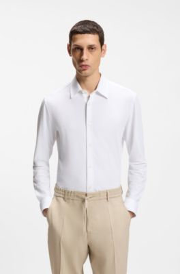 Camisa slim fit en tejido de sirsaca el&aacute;stica t&eacute;cnica italiana, Blanco