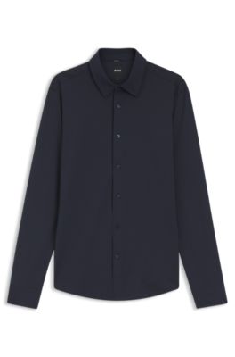 Camisa slim fit en tejido de sirsaca el&aacute;stica t&eacute;cnica italiana, Azul oscuro