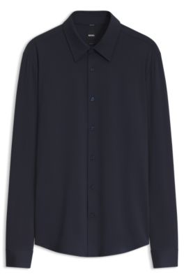 Slim-fit shirt in Italian performance-stretch seersucker, Dark Blue