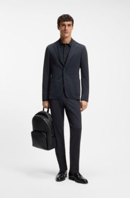 Slim-fit shirt in Italian performance-stretch seersucker, Dark Blue