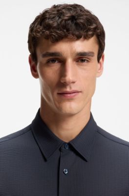 Camisa slim fit en tejido de sirsaca el&aacute;stica t&eacute;cnica italiana, Azul oscuro