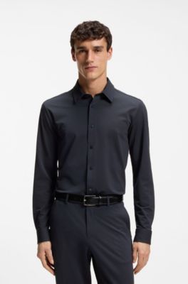 Camisa slim fit en tejido de sirsaca el&aacute;stica t&eacute;cnica italiana, Azul oscuro
