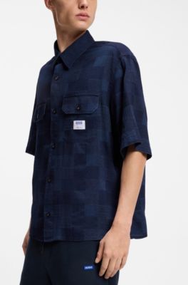 Camisa oversize fit de algod&oacute;n a cuadros, Azul oscuro
