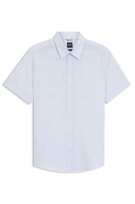 Floral-print slim-fit shirt in stretch linen, Light Blue