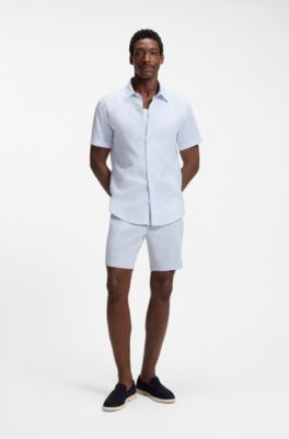 Floral-print slim-fit shirt in stretch linen, Light Blue