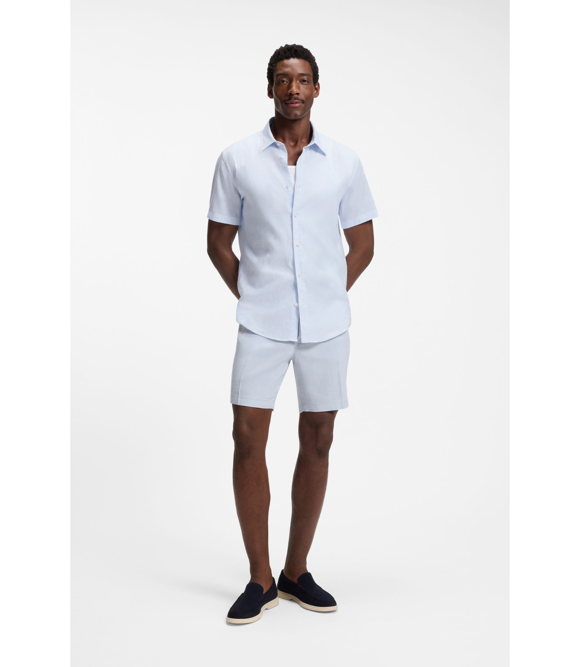 BOSS - Floral-print slim-fit shirt in stretch linen - Light Blue