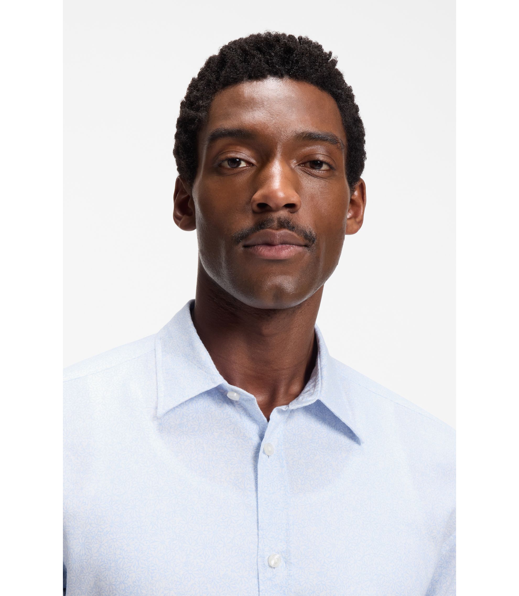 BOSS - Floral-print slim-fit shirt in stretch linen - Light Blue