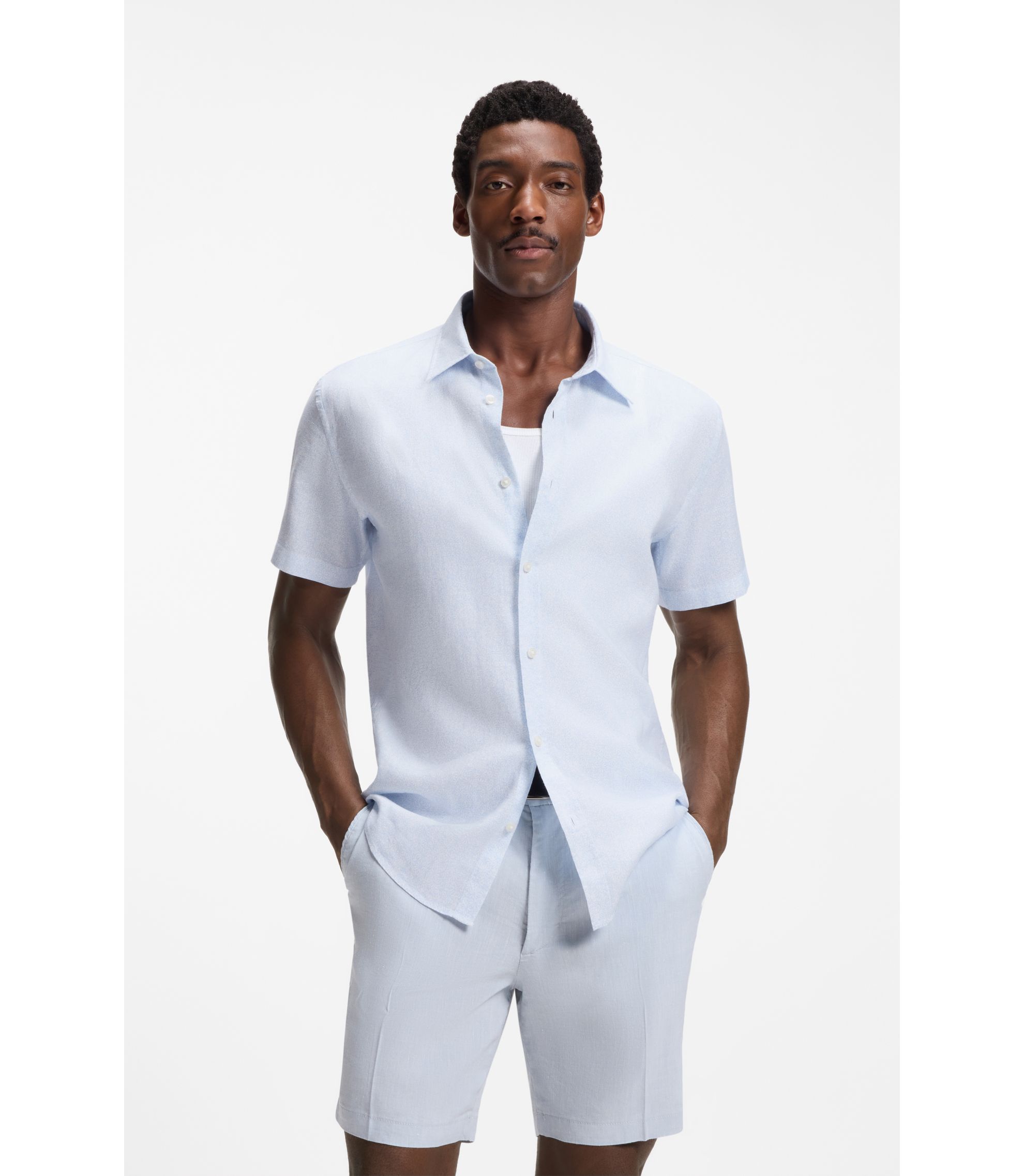 BOSS - Floral-print slim-fit shirt in stretch linen - Light Blue