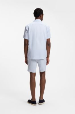 Floral-print slim-fit shirt in stretch linen, Light Blue