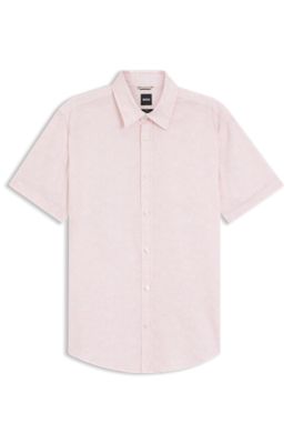 Floral-print slim-fit shirt in stretch linen, light pink