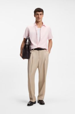 Floral-print slim-fit shirt in stretch linen, light pink