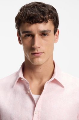 Floral-print slim-fit shirt in stretch linen, light pink