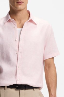 Floral-print slim-fit shirt in stretch linen, light pink