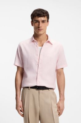 Floral-print slim-fit shirt in stretch linen, light pink