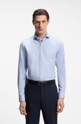 Camisa slim fit en algod&oacute;n estructurado que no se arruga, Celeste