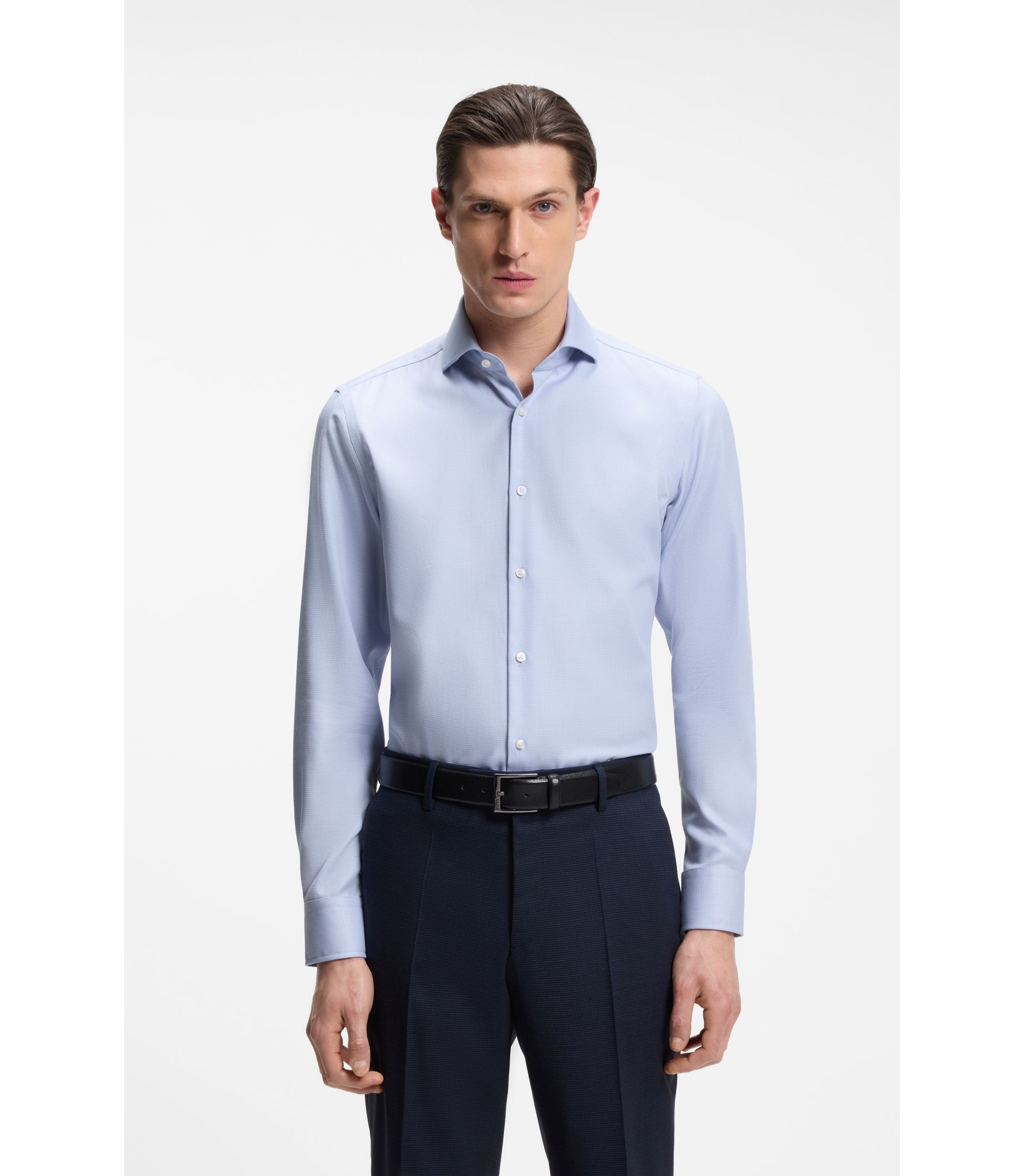 BOSS - Slim-fit shirt in structured wrinkle-free cotton - Light Blue