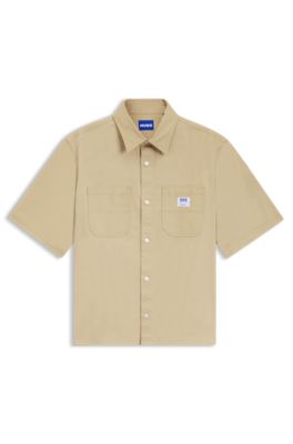 Chemise oversize en coton flamm&eacute; avec poches plaqu&eacute;es, Beige