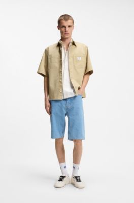 Camisa oversize fit en algod&oacute;n flameado con bolsillos cosidos, Beige