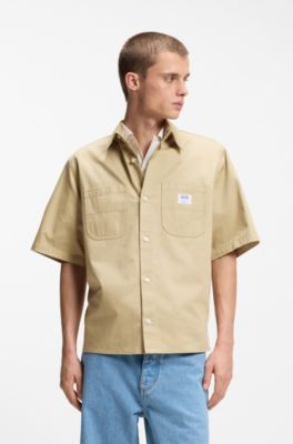 Camisa oversize fit en algod&oacute;n flameado con bolsillos cosidos, Beige