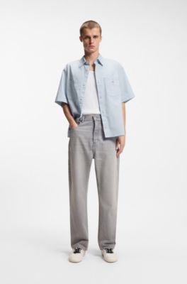 Camisa oversize fit en algod&oacute;n flameado con bolsillos cosidos, Celeste