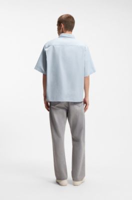 Camisa oversize fit en algod&oacute;n flameado con bolsillos cosidos, Celeste