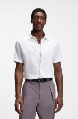 Camisa slim fit de lino el&aacute;stico, Blanco