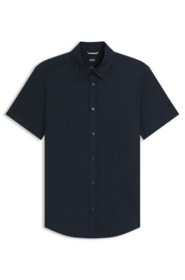 Slim-fit shirt in stretch linen, Dark Blue