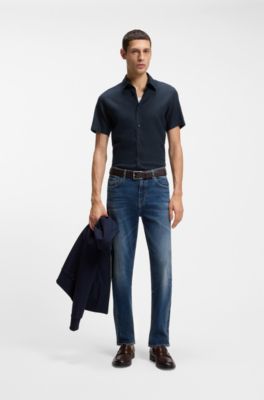 Slim-fit shirt in stretch linen, Dark Blue