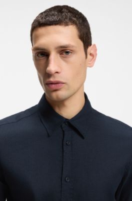 Slim-fit shirt in stretch linen, Dark Blue