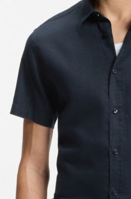 Slim-fit shirt in stretch linen, Dark Blue