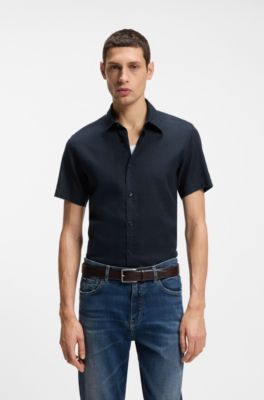 Slim-fit shirt in stretch linen, Dark Blue