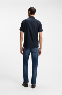 Camisa slim fit de lino el&aacute;stico, Azul oscuro