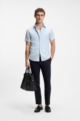 Camisa slim fit de lino el&aacute;stico, Celeste