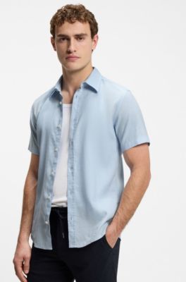 Camisa slim fit de lino el&aacute;stico, Celeste