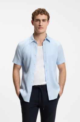 Camisa slim fit de lino el&aacute;stico, Celeste