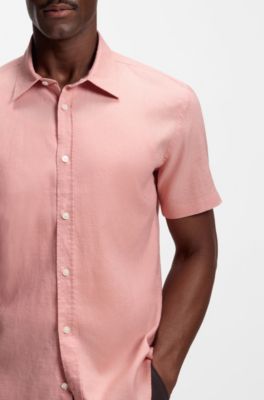 Camisa slim fit de lino el&aacute;stico, Rosa claro
