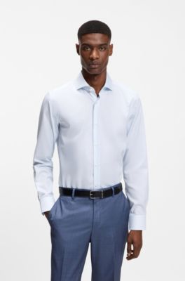 Camisa slim fit en sarga de algod&oacute;n estampado que no se arruga, Celeste