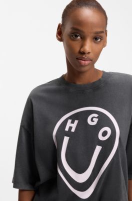 Camiseta de punto de algod&oacute;n con estampado de logo Happy HUGO con efecto fundido, Negro