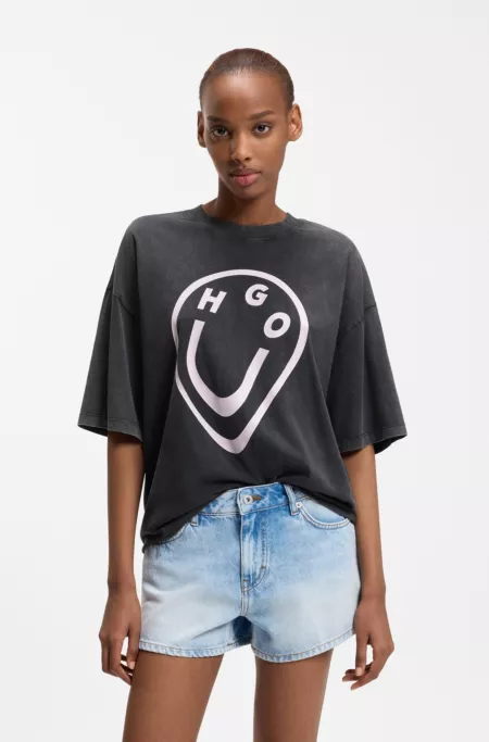 Cotton-jersey T-shirt with melted-effect Happy HUGO print