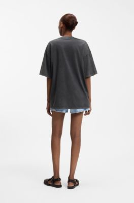 Camiseta de punto de algod&oacute;n con estampado de logo Happy HUGO con efecto fundido, Negro