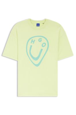 Camiseta de punto de algod&oacute;n con estampado de logo Happy HUGO con efecto fundido, Verde