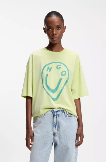 Cotton-jersey T-shirt with melted-effect Happy HUGO print